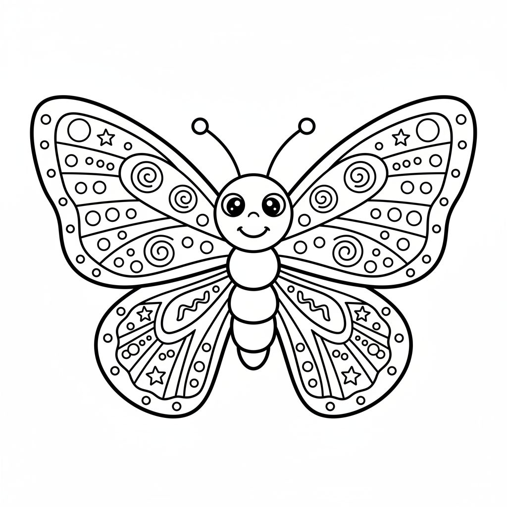 Butterfly coloring page 1 - large butterfly with symmetric decorated wings, front view