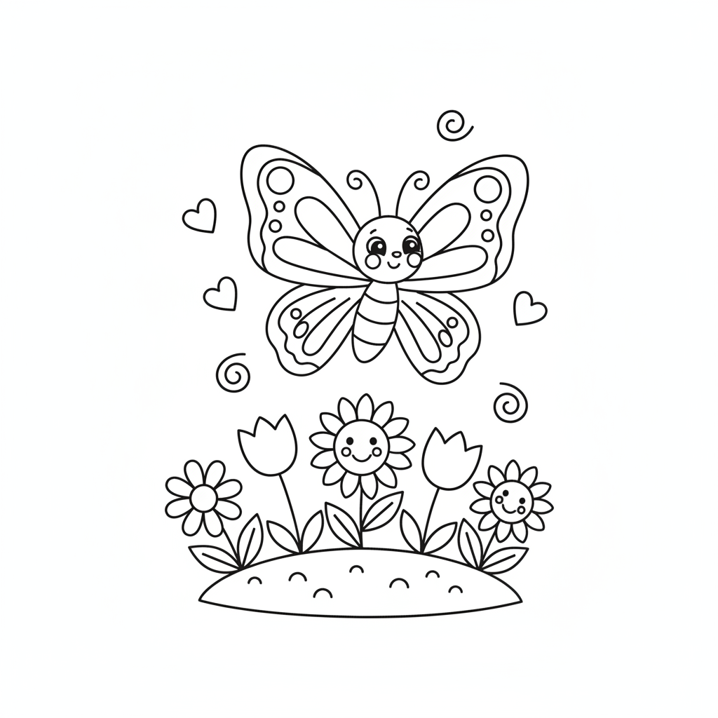 Butterfly coloring page 2 - cartoon butterfly flying over flowers