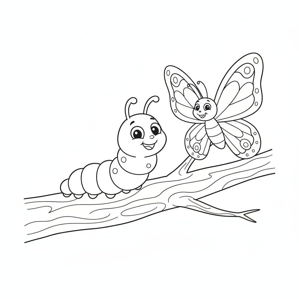 Butterfly coloring page 3 - caterpillar and butterfly on the same branch