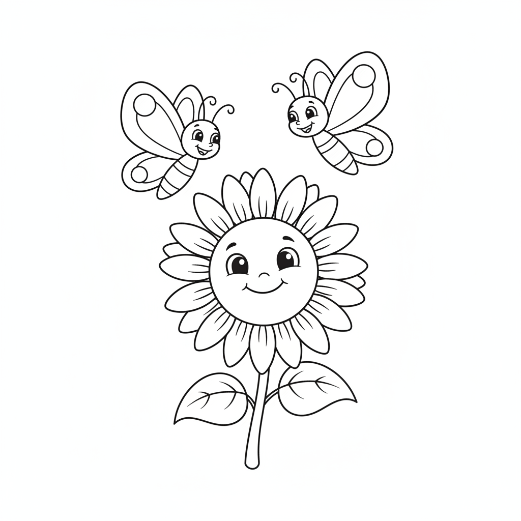 Butterfly coloring page 4 - two butterflies dancing around a sunflower
