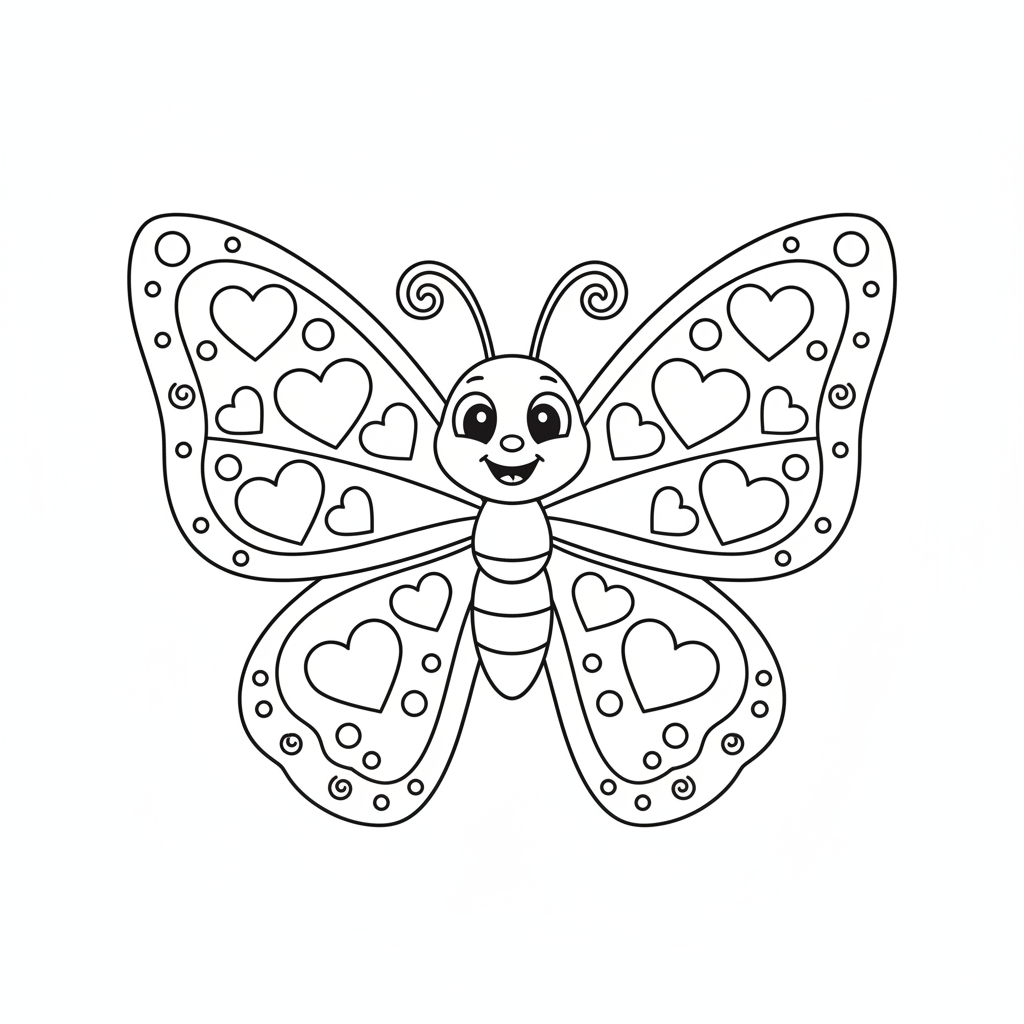 Butterfly coloring page 5 - butterfly with heart shapes in its wing patterns