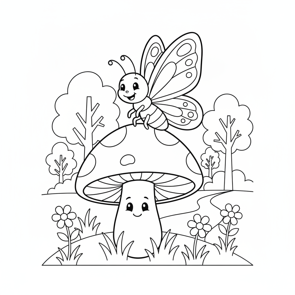 Butterfly coloring page 6 - butterfly resting on a mushroom in a forest