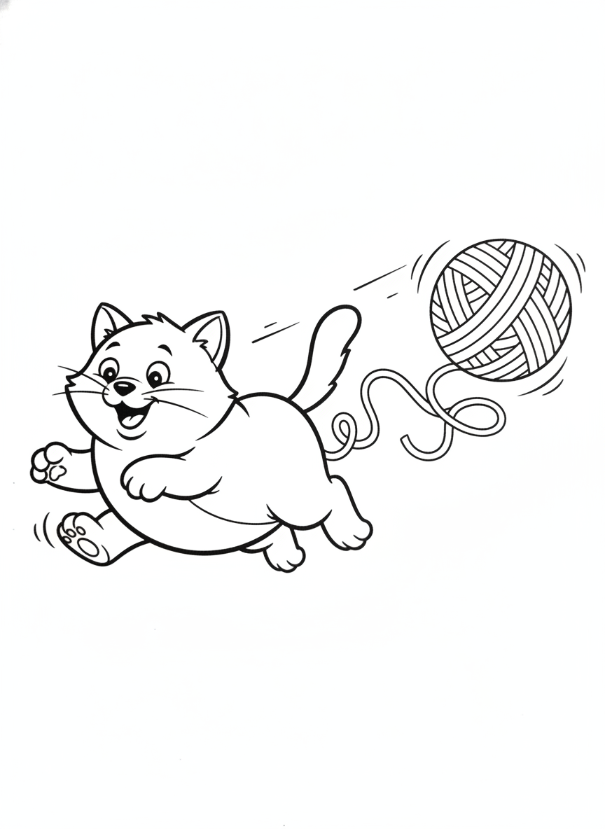 Cat coloring page 2 - cat chasing a ball of yarn