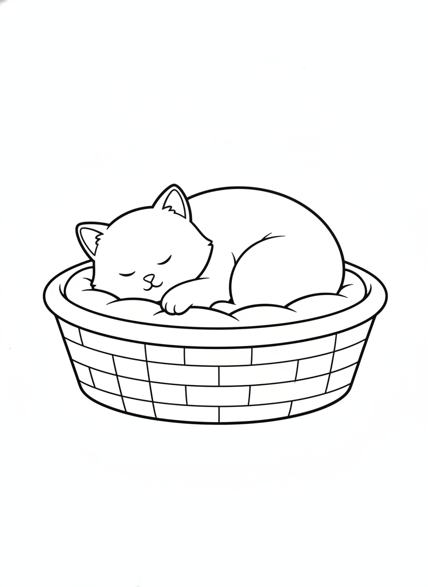 Cat coloring page 3 - cat sleeping in a basket