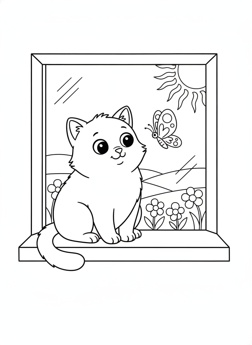 Cat coloring page 4 - cat on windowsill watching a butterfly
