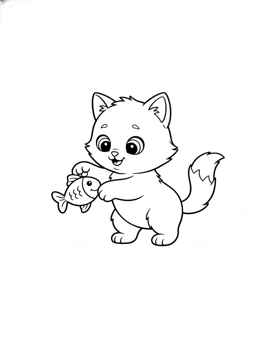 Cat coloring page 5 - kitten playing with a fish toy