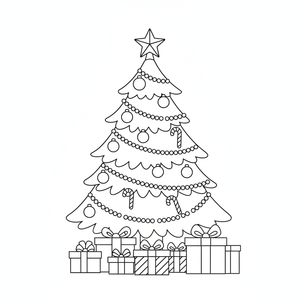 Christmas coloring page 1 - decorated christmas tree with presents underneath