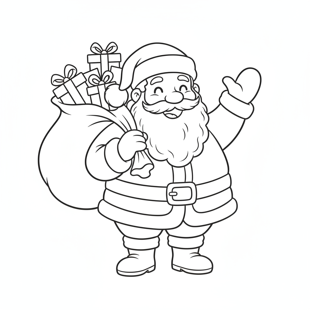 Christmas coloring page 2 - santa claus carrying a big gift bag, waving