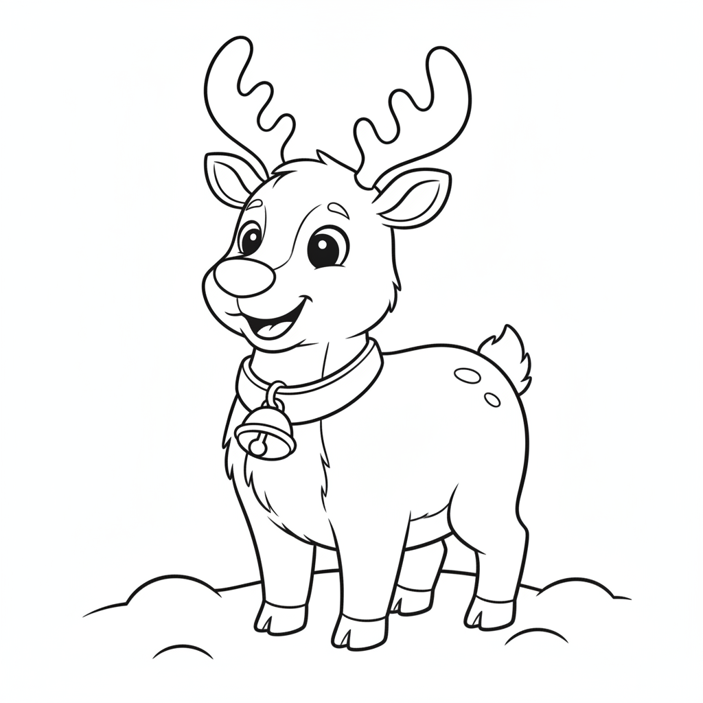 Christmas coloring page 4 - reindeer with a bell collar standing in snow