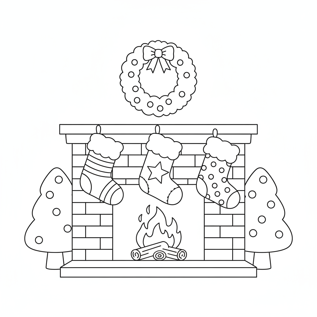 Christmas coloring page 6 - christmas stockings hanging over a fireplace
