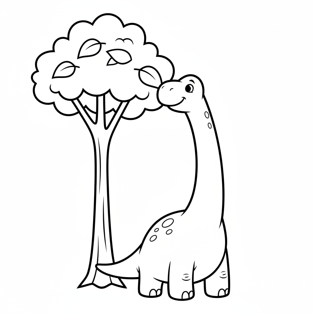 Dinosaur coloring page 2 - long-neck brontosaurus eating leaves from a tall tree