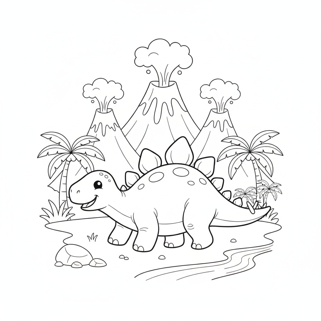 Dinosaur coloring page 4 - stegosaurus walking among volcanoes