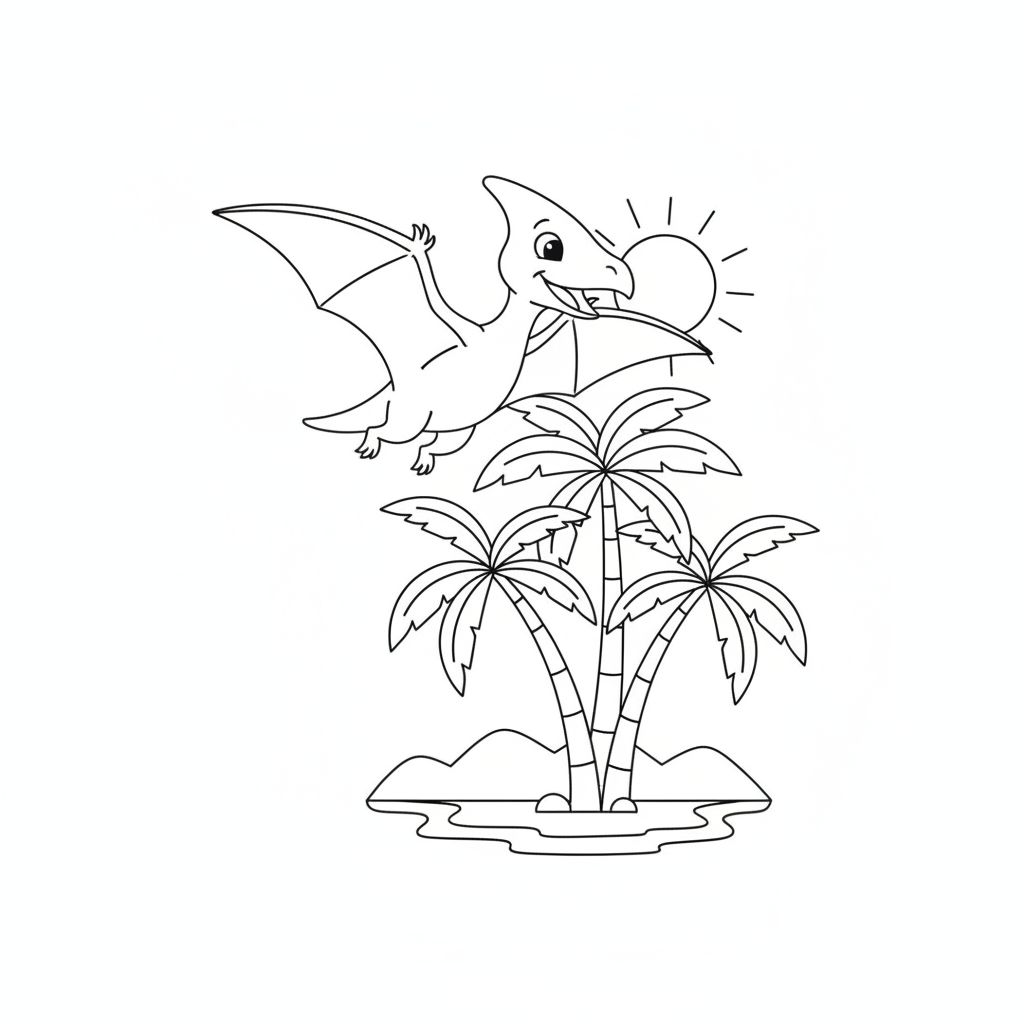 Dinosaur coloring page 5 - pterodactyl flying over palm trees