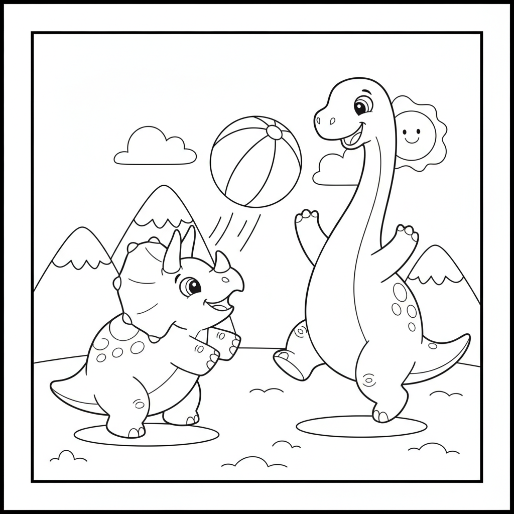 Dinosaur coloring page 6 - two dinosaur friends playing with a ball