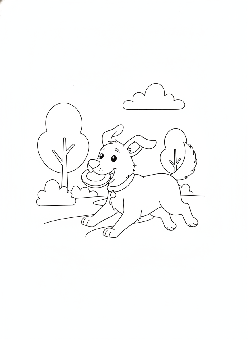 Dog coloring page 4 - dog playing with a frisbee