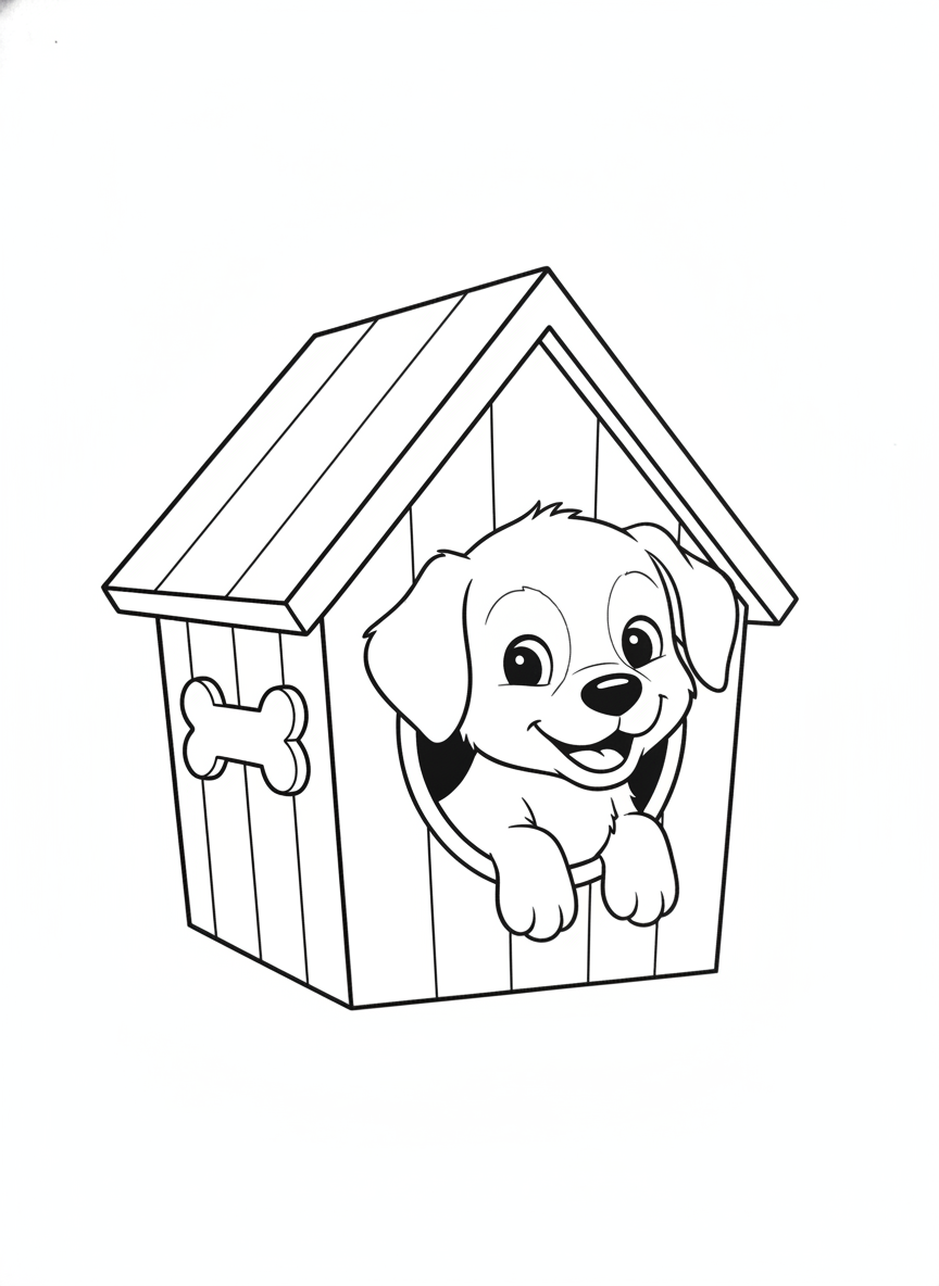 Dog coloring page 5 - puppy in a doghouse