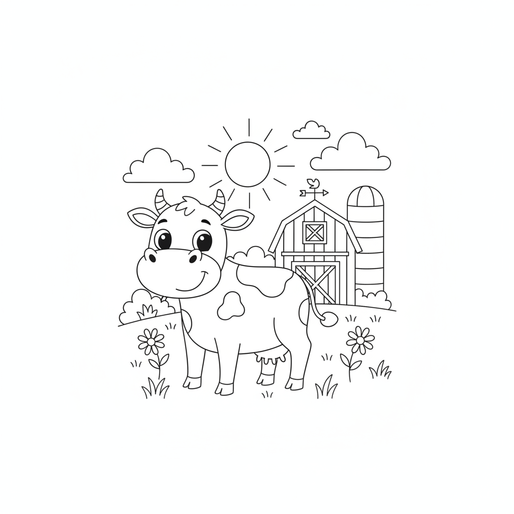 Farm animal coloring page 1 - happy cow standing in a meadow with a barn behind