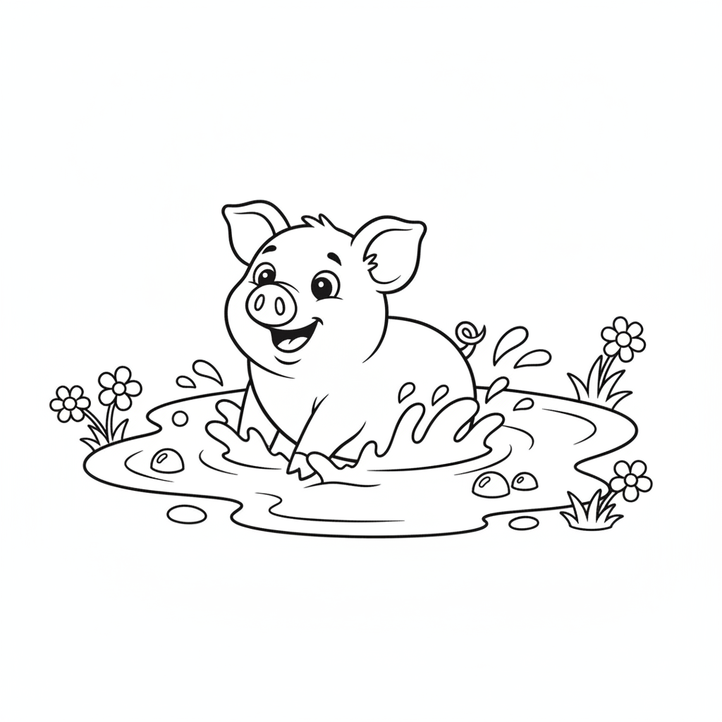 Farm animal coloring page 2 - pig playing in a mud puddle