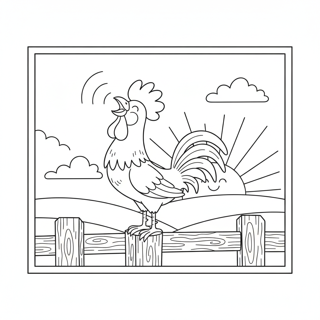 Farm animal coloring page 3 - rooster crowing on a fence at sunrise