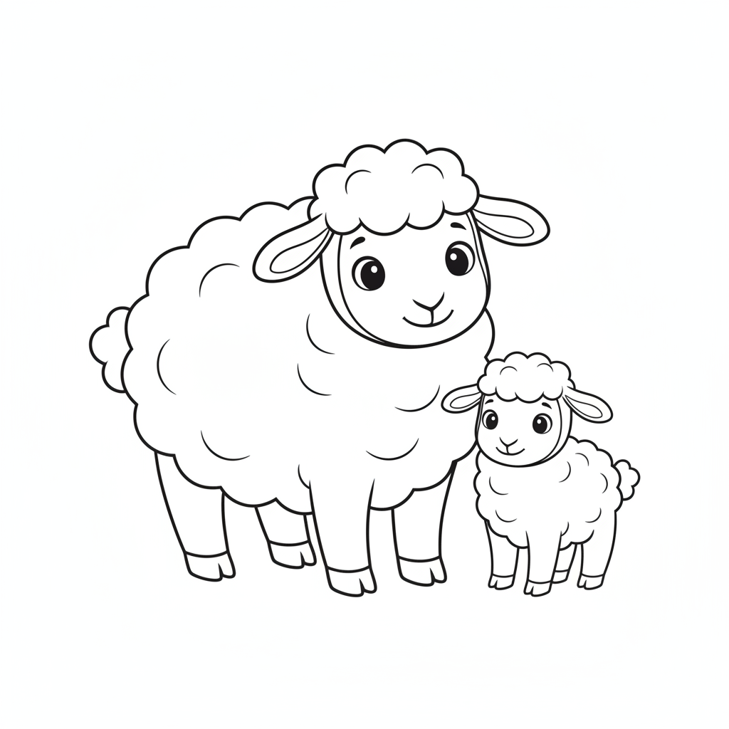 Farm animal coloring page 4 - sheep with fluffy wool standing next to a lamb