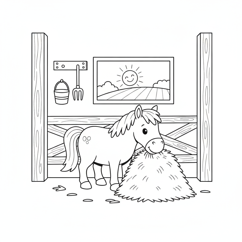 Farm animal coloring page 5 - horse eating hay in a stable