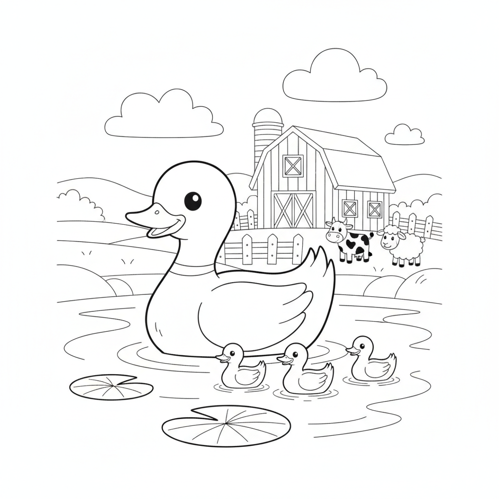 Farm animal coloring page 6 - duck family swimming in a pond near a farm