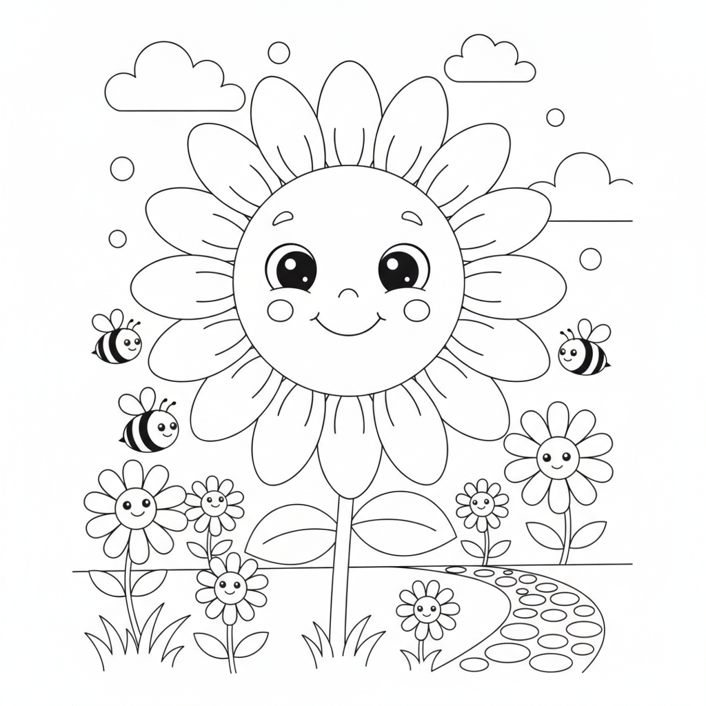 Flower coloring page 1 - big sunflower with a smiling face in a garden
