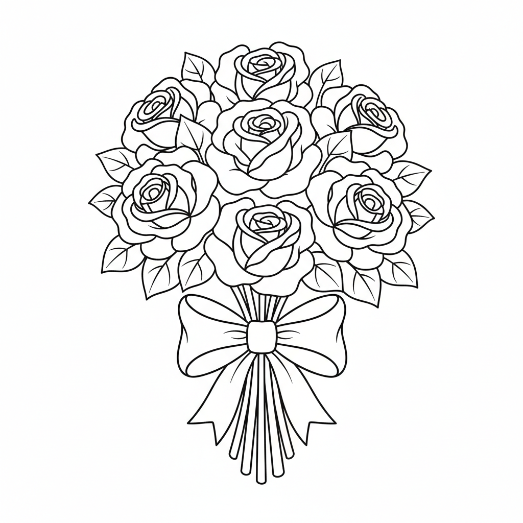 Flower coloring page 2 - bouquet of roses tied with a ribbon bow