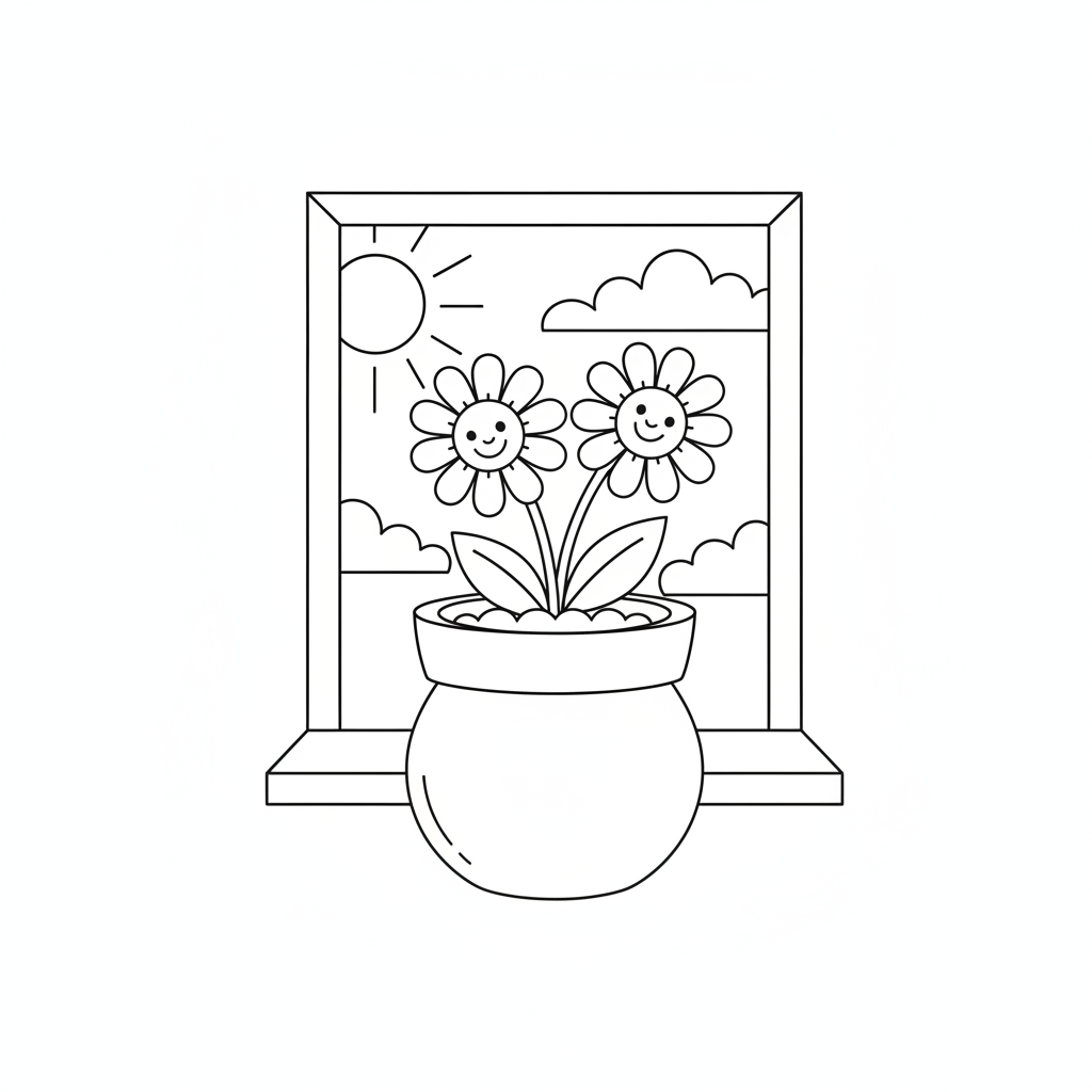 Flower coloring page 3 - flower pot with daisies on a windowsill