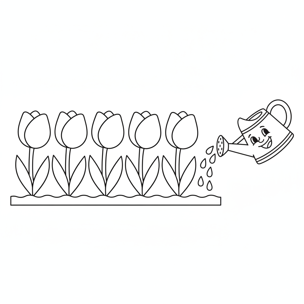 Flower coloring page 4 - tulips growing in a garden row with a watering can