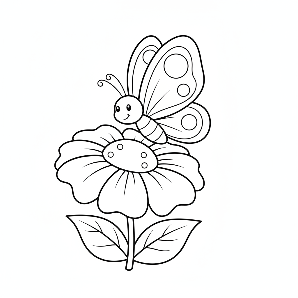 Flower coloring page 5 - butterfly landing on a large blooming flower
