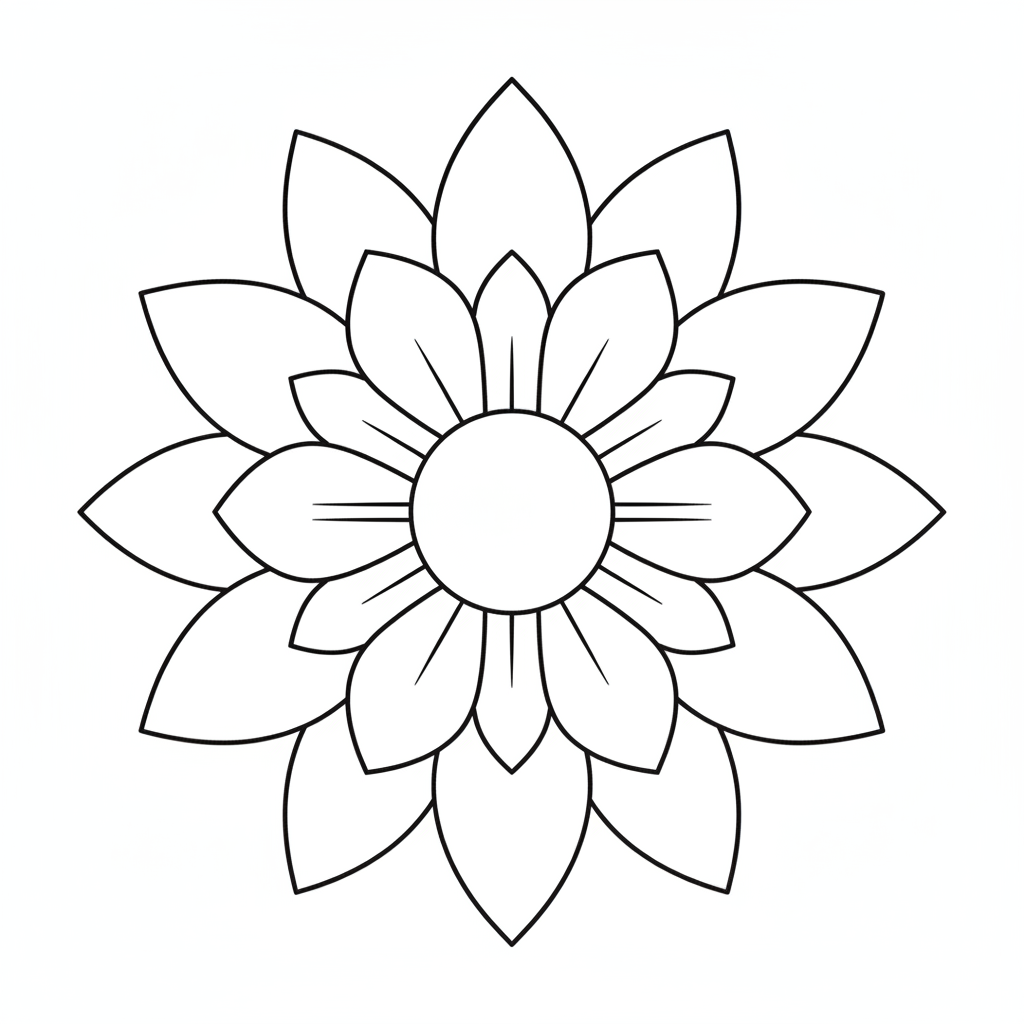 Flower coloring page 6 - symmetric mandala-style flower with petals