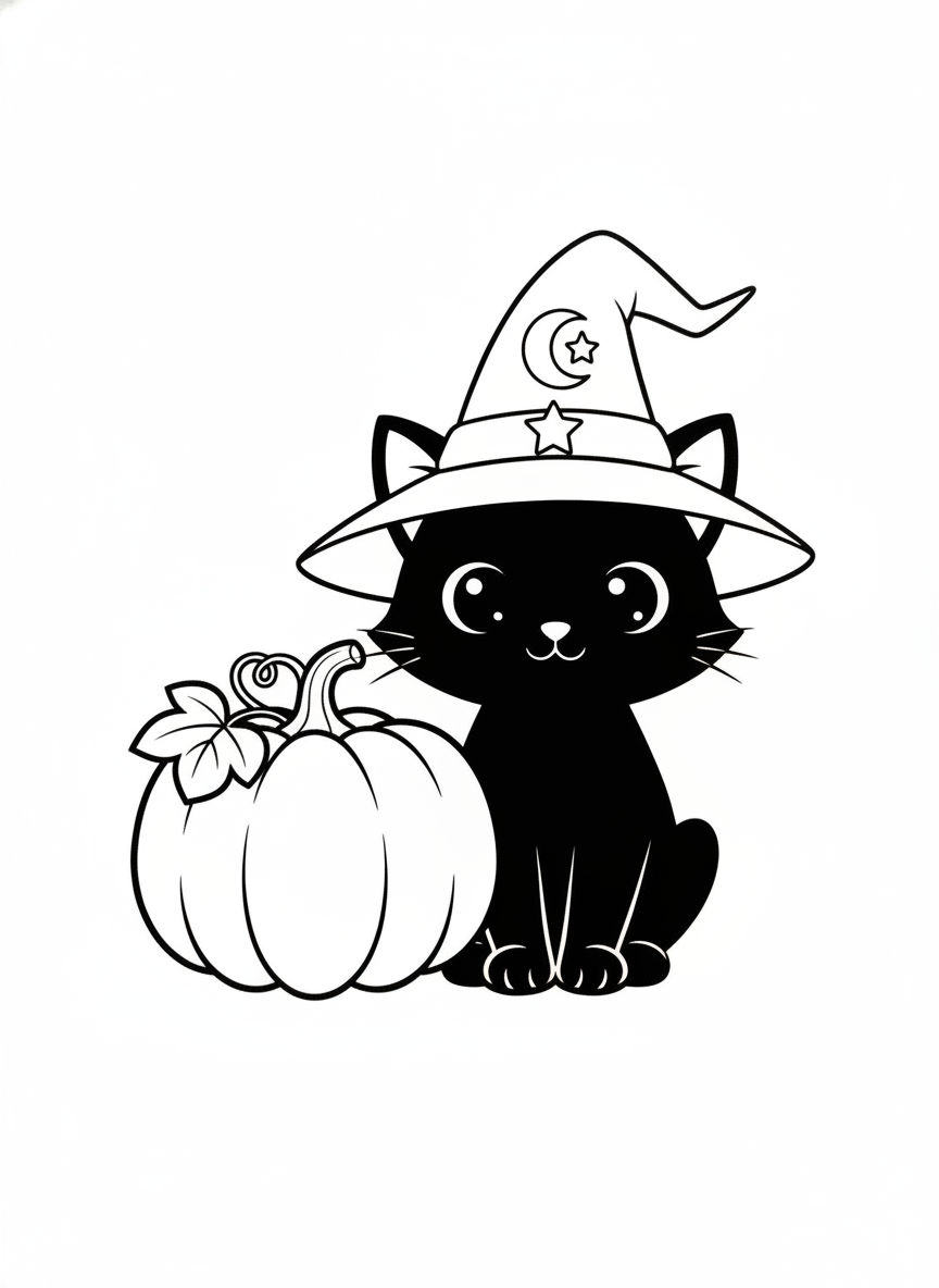 Halloween coloring page 3 - black cat with witch hat and pumpkin