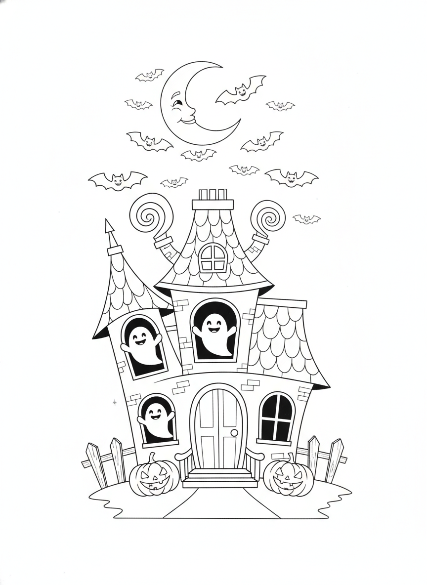 Halloween coloring page 4 - haunted house with bats