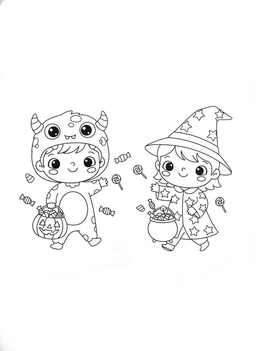 Halloween coloring page 5 - kids trick-or-treating