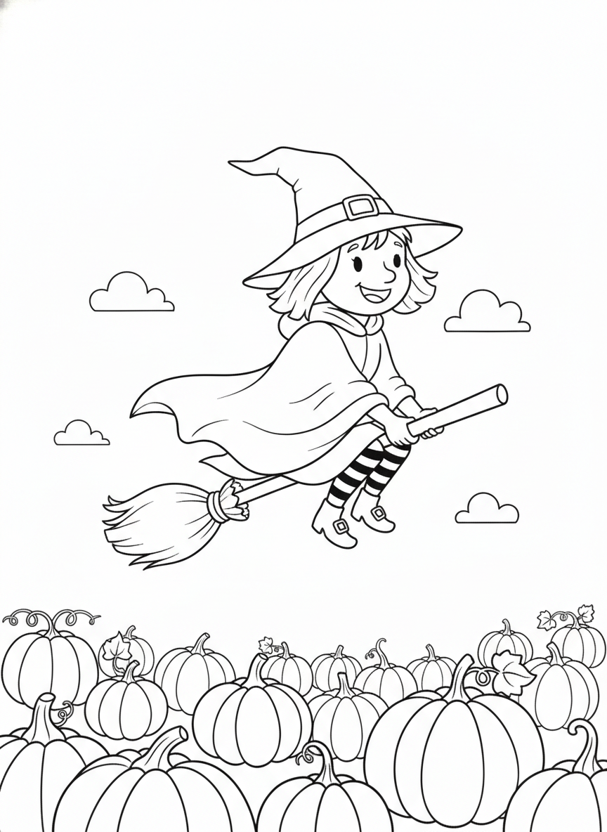 Halloween coloring page 6 - witch flying on broomstick over pumpkins