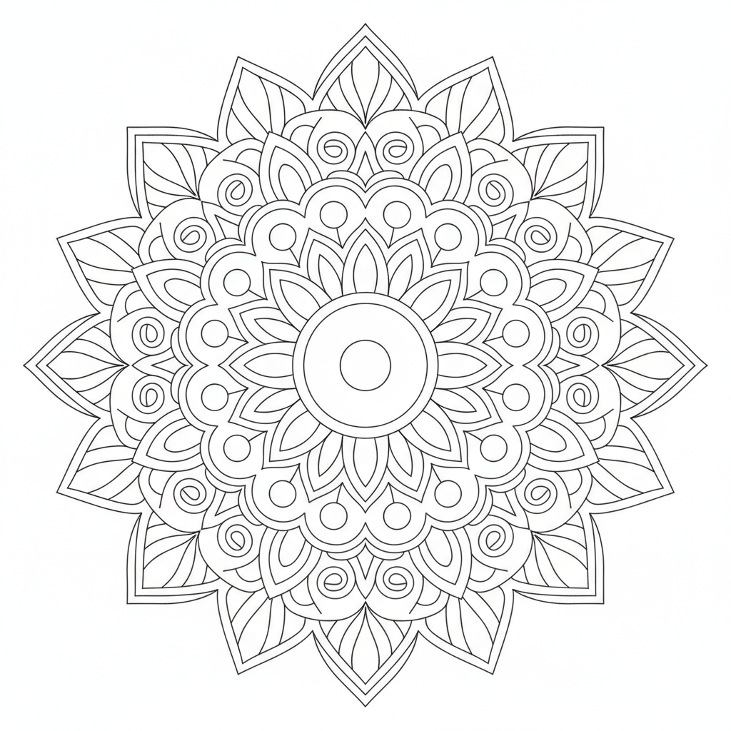 Mandala coloring page 1 - circular mandala with flower petals and geometric patterns