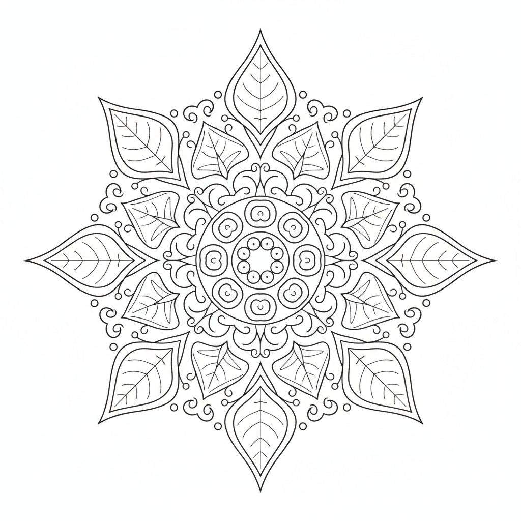Mandala coloring page 2 - star-shaped mandala with leaf motifs
