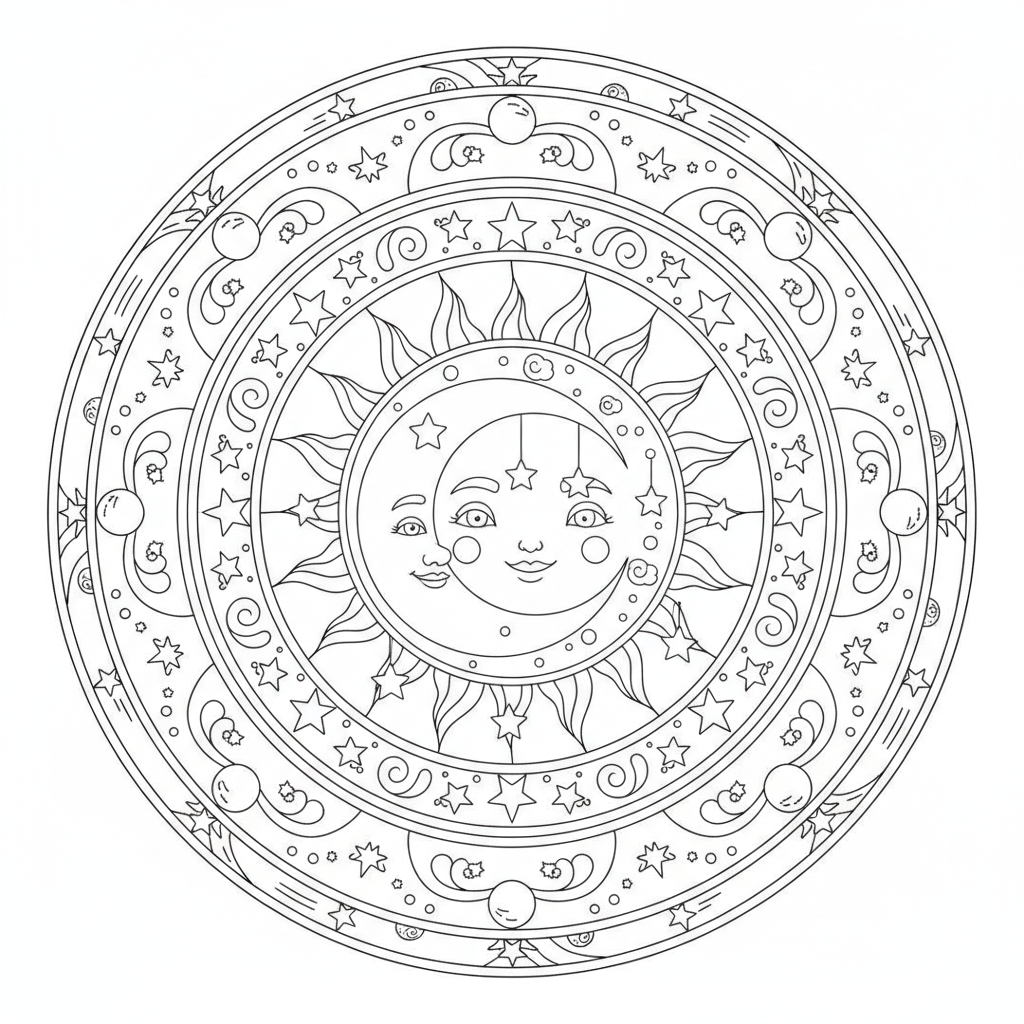 Mandala coloring page 3 - sun and moon themed circular mandala
