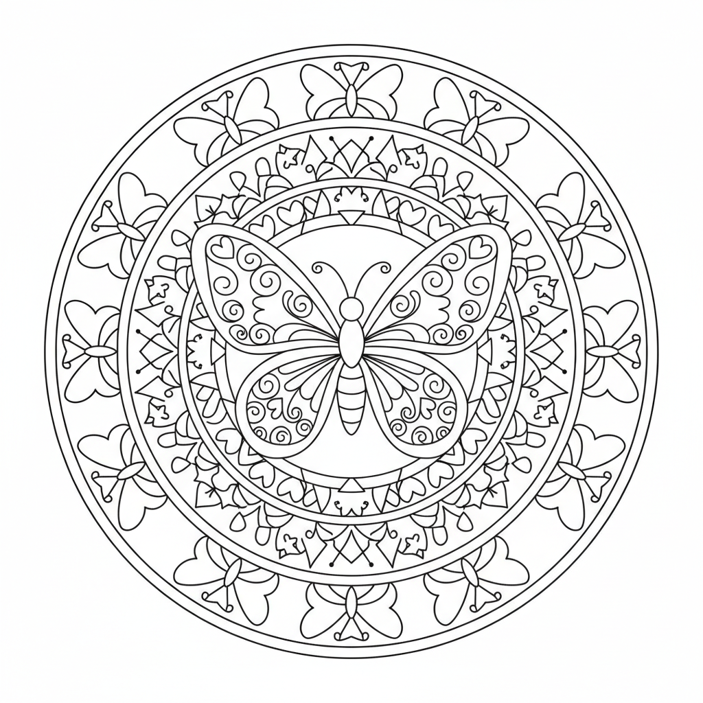 Mandala coloring page 4 - butterfly themed mandala with wing patterns