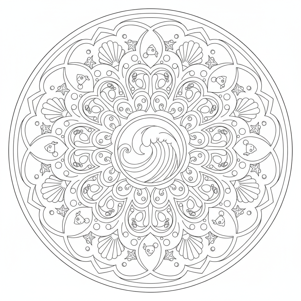 Mandala coloring page 6 - ocean wave themed circular mandala