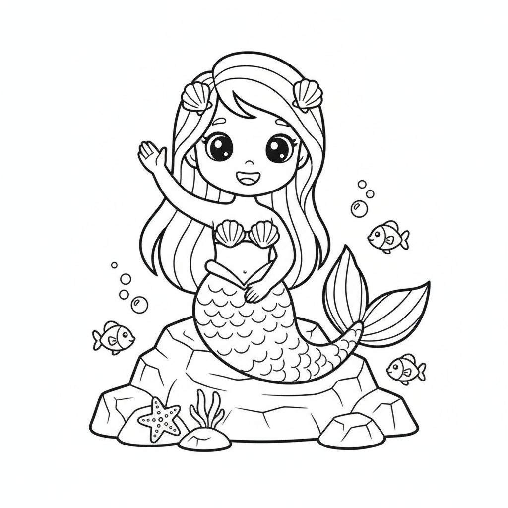 Mermaid coloring page 1 - mermaid sitting on a rock waving