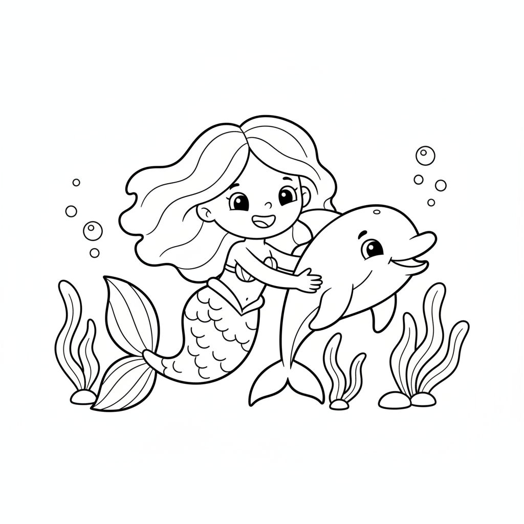 Mermaid coloring page 2 - mermaid swimming with a dolphin friend