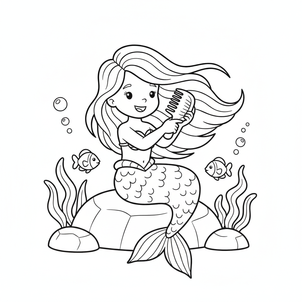 Mermaid coloring page 3 - little mermaid brushing her hair with a shell comb