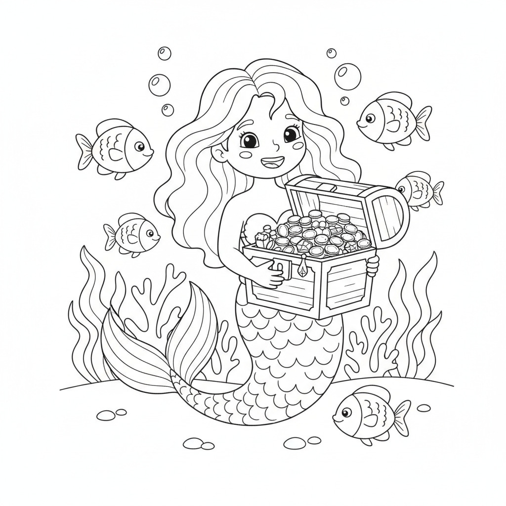 Mermaid coloring page 4 - mermaid holding a treasure chest underwater with fish