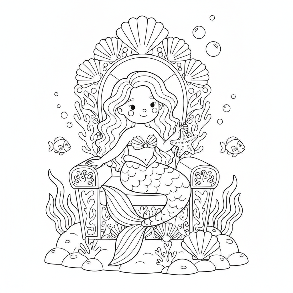 Mermaid coloring page 5 - mermaid resting on a seashell throne
