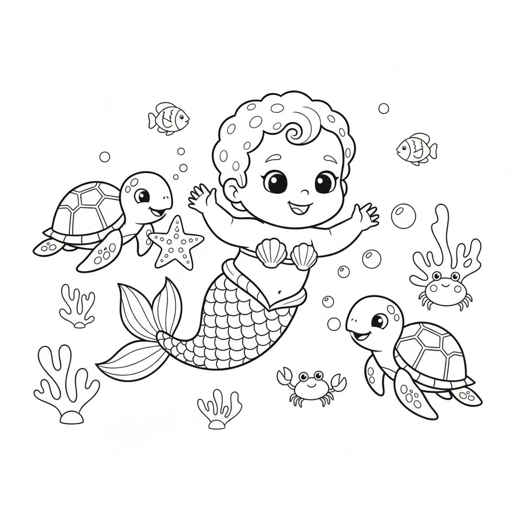 Mermaid coloring page 6 - baby mermaid playing with sea turtles