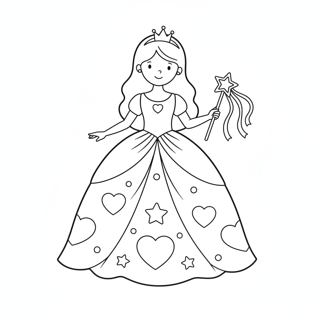 Princess coloring page 1 - princess in a ball gown holding a wand