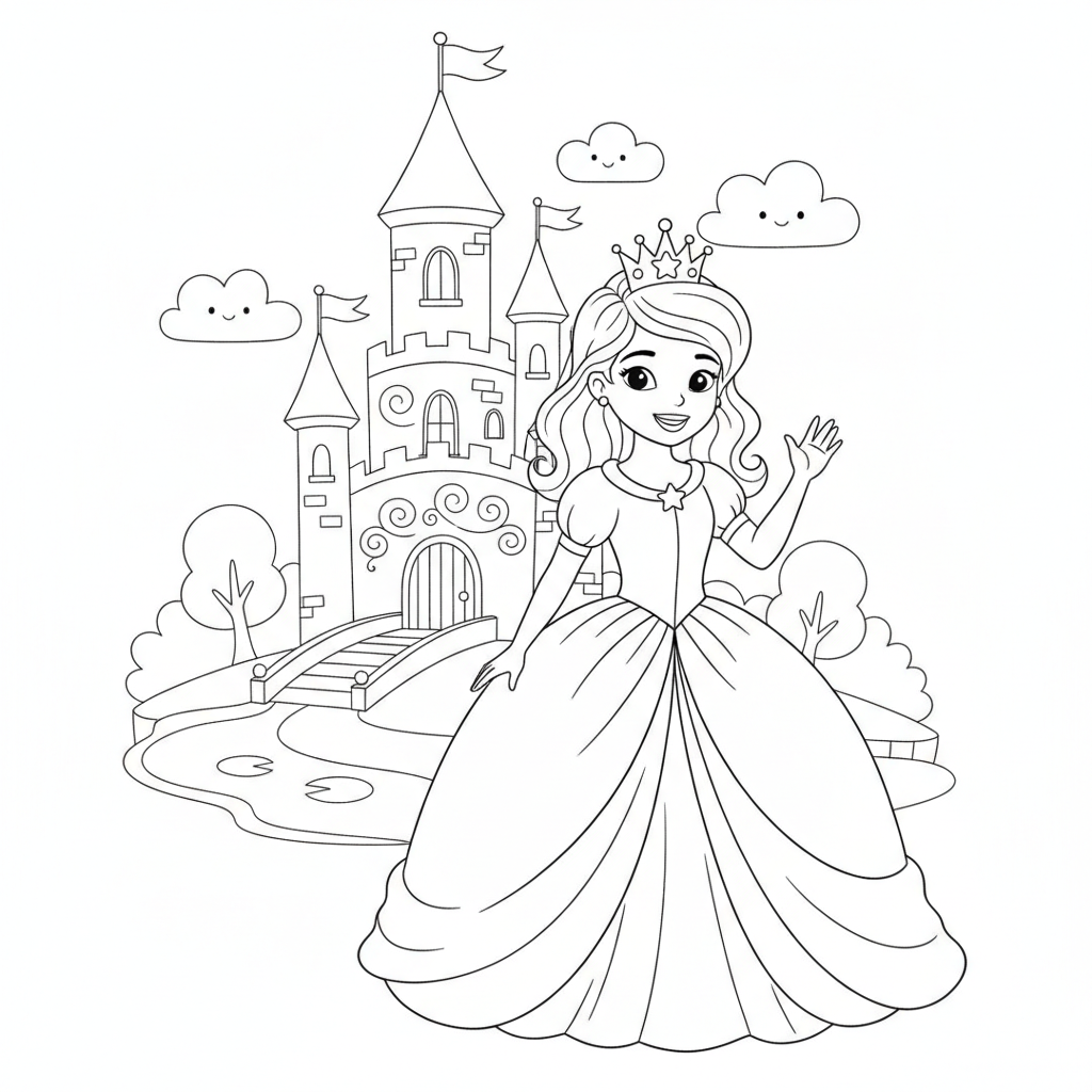 Princess coloring page 2 - princess in front of a fairy tale castle