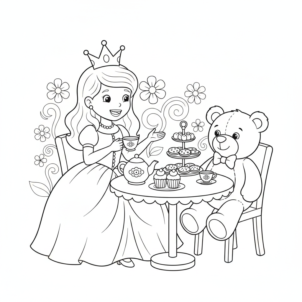 Princess coloring page 3 - princess having a tea party with a teddy bear